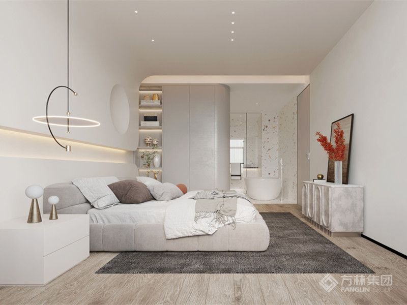 卧室延续简约素雅的空间调性且夹杂少许俏皮色彩，在彰显高品味的同时使空间活跃灵动，给人耳目一新的视觉质感和舒适自在的居住感受。